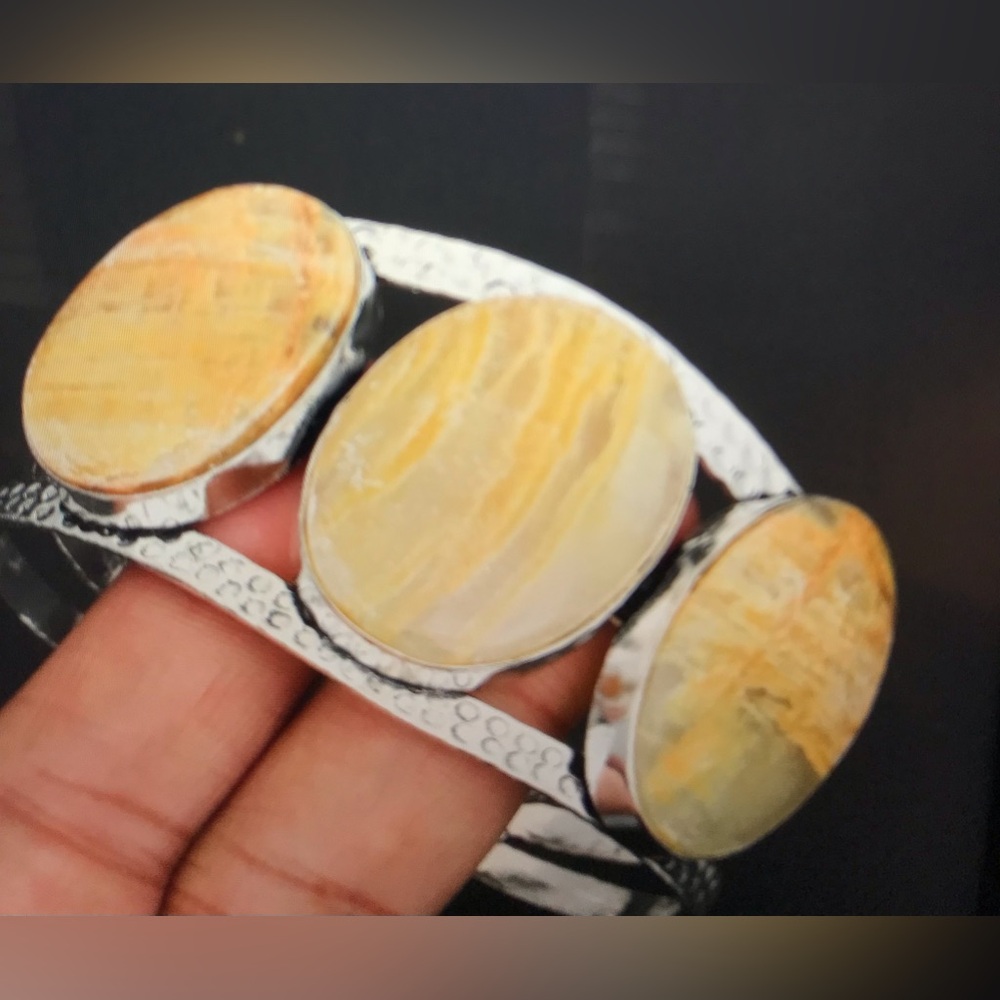 Yellow Lace Agate Stamped 925 Sterling Silver Cuff Bracelet
